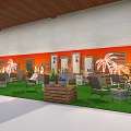 Lounge Area With Wooden Deck Chairs Palm Trees Surfboard Large Windows Sunset Screen Green Lawn