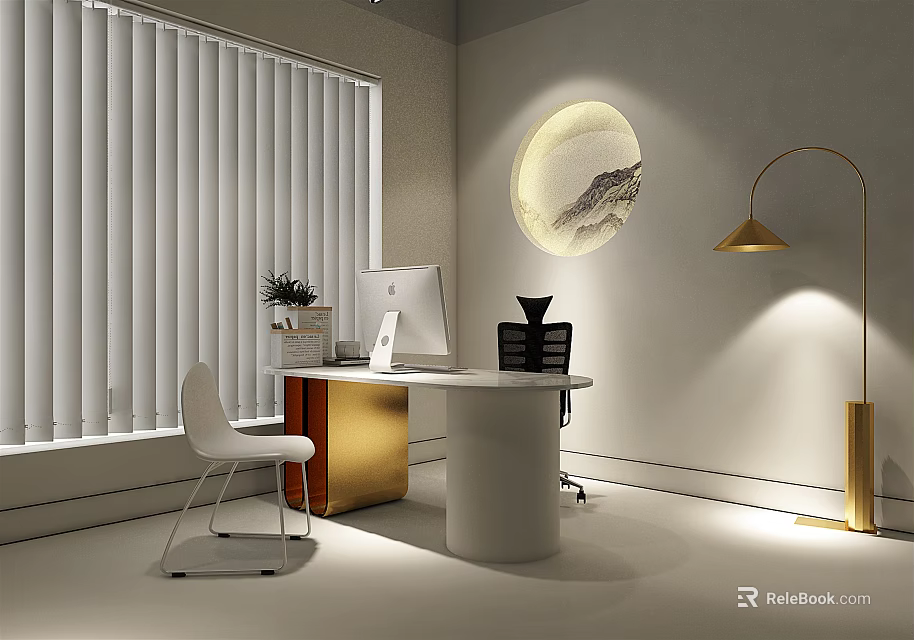 Round White Office Desk with Computer Brass Floor Lamp Circular Landscape Painting and Venetian Blinds 3d model 