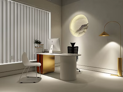 Round White Office Desk with Computer Brass Floor Lamp Circular Landscape Painting and Venetian Blinds 3d model