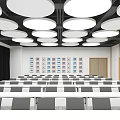 Spacious Conference Room With Rows Of Chairs Large Screen And Round Ceiling Lights