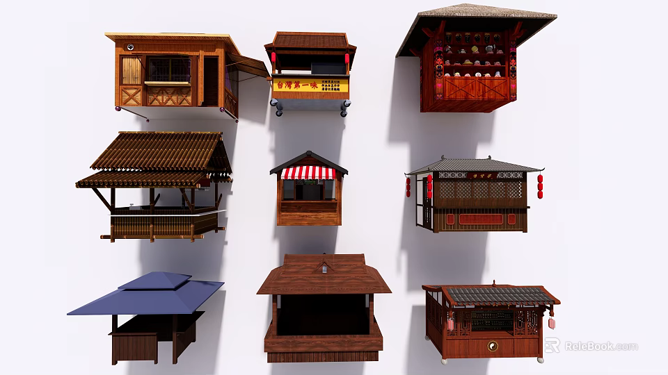 Traditional Wooden Stalls and Pavilions with Various Roof Designs and Decorative Details 3d model 