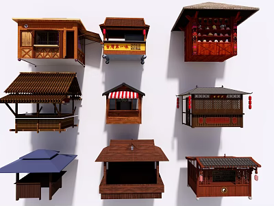 Traditional Wooden Stalls and Pavilions with Various Roof Designs and Decorative Details 3d model