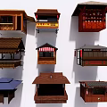 Traditional Wooden Stalls and Pavilions with Various Roof Designs and Decorative Details
