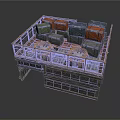 Industrial Platform Structure With Colored Crates Yellow Railings Circular Equipment And Stone Base