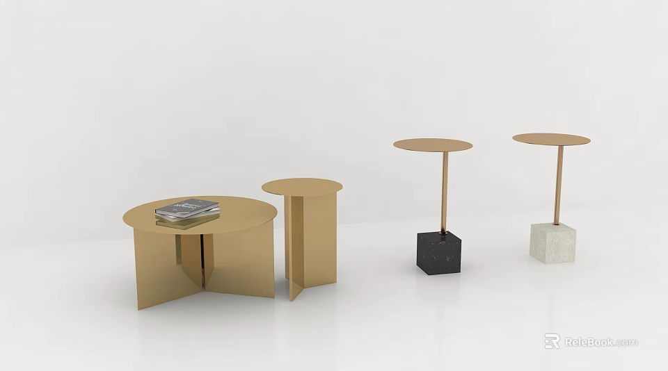 Modern Gold Coffee Table Set With Round Tops And Geometric Bases 3d model