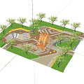 Colorful Children's Playground With Large Orange Spinning Structure And Lush Green Trees