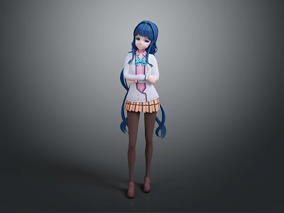 Anime Style 3D Character With Blue Long Hair White Top Yellow Skirt Arms Crossed Pose 3d model