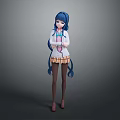 Anime Style 3D Character With Blue Long Hair White Top Yellow Skirt Arms Crossed Pose