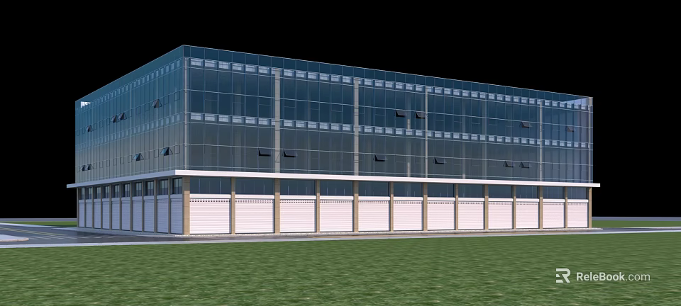 Contemporary Glass Building Exterior With White Base Walls And Green Lawn Front 3d model 