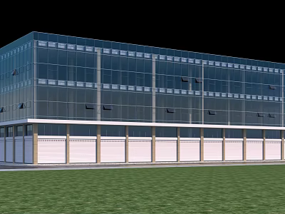 Contemporary Glass Building Exterior With White Base Walls And Green Lawn Front 3d model
