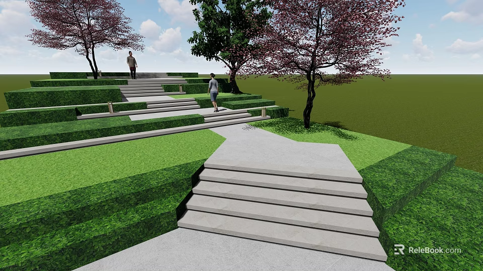 Scenic Urban Square Landscape with Stone Steps Pathway Green Lawns and Flowering Trees 3d model 