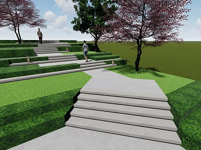 Scenic Urban Square Landscape with Stone Steps Pathway Green Lawns and Flowering Trees 3d model