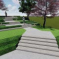 Scenic Urban Square Landscape with Stone Steps Pathway Green Lawns and Flowering Trees