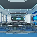 School Modern Classroom With Hexagonal Desks Large Screen And Aviation Decor 3d model