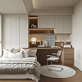 Modern Tatami Bedroom Interior With Bed Desk Chair Storage Cabinets Table Lamp And Window