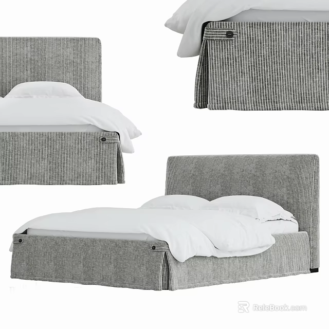 Modern Gray Double Bed With Textured Fabric Headboard And White Bedding 3d model