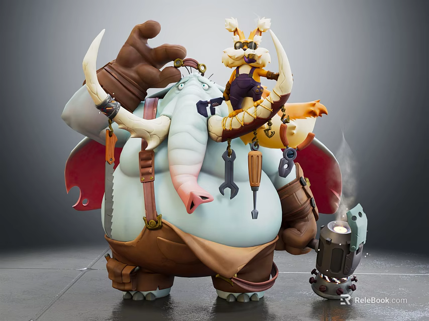 Light Blue Elephant With Brown Straps And Tools Carrying Character On Back Near Smoking Device 3d model 