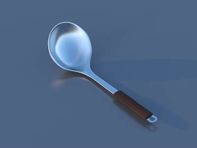 Stainless Steel Ladle with Brown Wooden Handle Tableware Set for Home Kitchen Use 3d model
