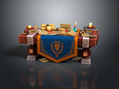 Wooden Table with Blue Banner Featuring Lion Emblem Scrolls and Candles on Top 3d model