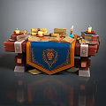 Wooden Table with Blue Banner Featuring Lion Emblem Scrolls and Candles on Top