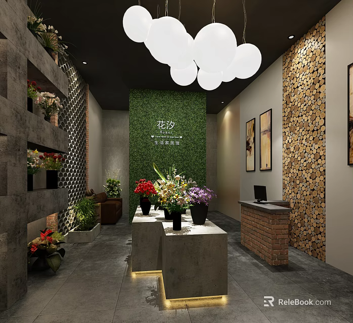 Floral Shop Interior With Green Plant Wall Colorful Flower Bouquets Counter Decorative Paintings Hanging Lights 3d model 