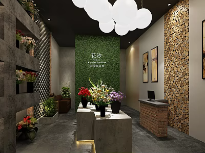 Floral Shop Interior With Green Plant Wall Colorful Flower Bouquets Counter Decorative Paintings Hanging Lights 3d model