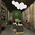 Floral Shop Interior With Green Plant Wall Colorful Flower Bouquets Counter Decorative Paintings Hanging Lights