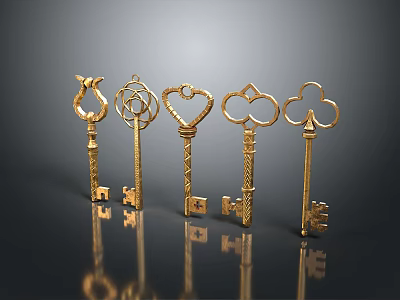 Golden Decorative Keys With Different Ornate Shapes On Dark Reflective Background 3d model