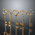 Golden Decorative Keys With Different Ornate Shapes On Dark Reflective Background