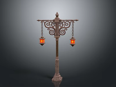 Vintage Carved Building Lamp Post With Double Orange Lanterns And Intricate Metal Design 3d model