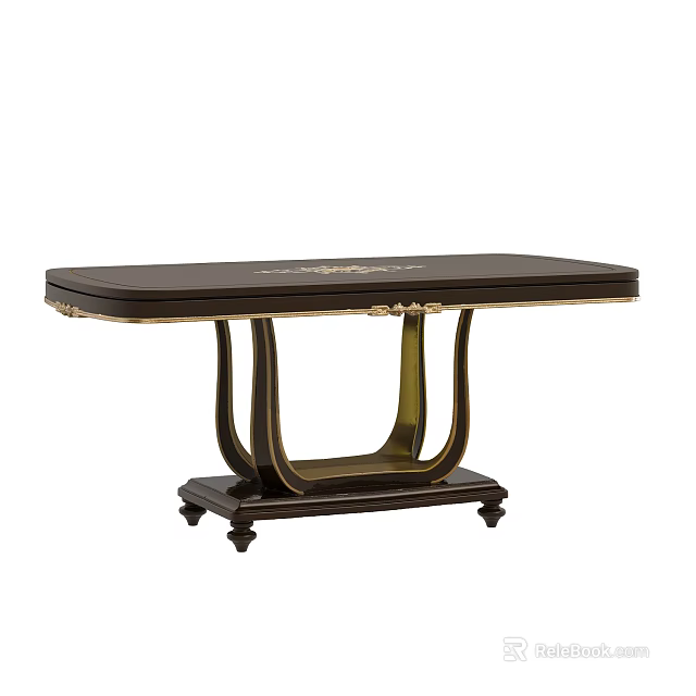 Elegant Dark Wood Dining Table With Gold Metal Accents And Ornate Carving Details 3d model 