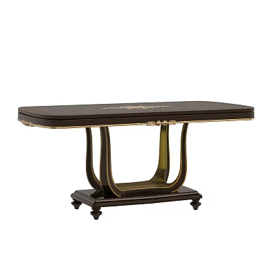 Elegant Dark Wood Dining Table With Gold Metal Accents And Ornate Carving Details 3d model