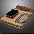 Traditional Wooden Sealing Device With Black Plate Engraved Inscriptions And Leather Straps