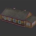 Traditional Wooden House with Gray Roof Two Chimneys Red Decorative Strips and White Windows