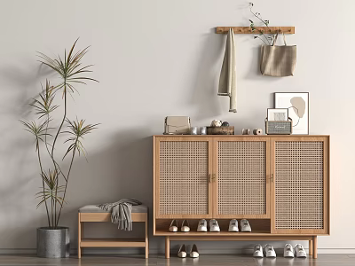 Modern Wooden Shoe Cabinet with Rattan Doors Shoes Stool Blanket Potted Plant and Wall Hook 3d model