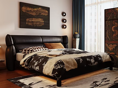 Luxurious Double Bed with Leather Headboard and Black White Pattern Bedding in Modern Bedroom Interior 3d model