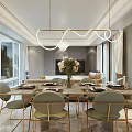 Modern Living Dining Room Interior Design With Beige Sofa Coffee Table Floor-to-Ceiling Windows And Chandelier