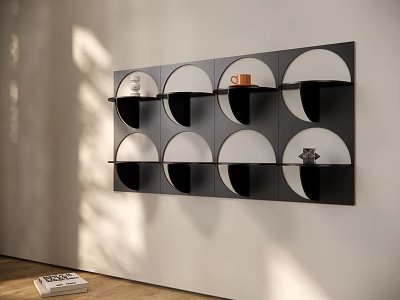 Modern Minimalist Black Wall Mounted Shelf With Circular Compartments And Decor Pieces 3d model