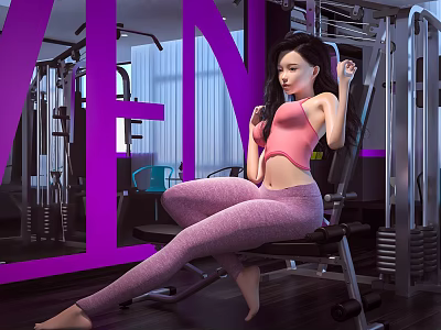 Woman In Pink Sports Top And Purple Leggings Sitting On Fitness Bench In Gym 3d model