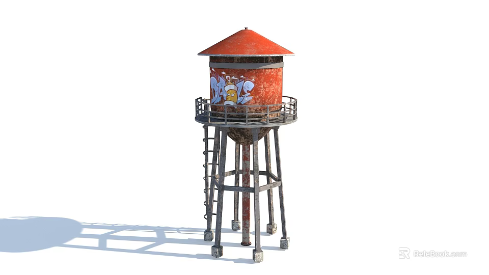 Red Water Tower With Orange Roof Graffiti And Ladder On Metal Support Structure 3d model 