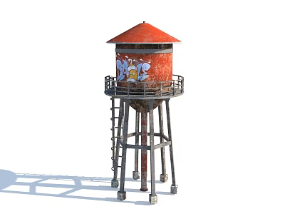 Red Water Tower With Orange Roof Graffiti And Ladder On Metal Support Structure 3d model