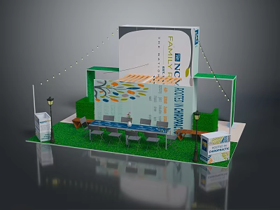 Modern Exhibition Booth Furniture With Tables Chairs Green Plants String Lights And Display Panels 3d model
