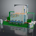 Modern Exhibition Booth Furniture With Tables Chairs Green Plants String Lights And Display Panels