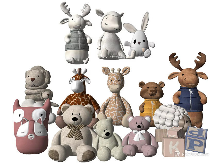 Adorable Animal Shaped Plush Stuffed Toys With Deer Rabbit Bear Giraffe And Alphabet Blocks 3d model 