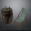 Rustic Wooden Barrel And Striped Deck Chair With Drink Bottles Setup