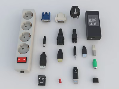 Assorted Mobile Digital Accessories With Power Strips Connectors Adapters And USB Cables 3d model