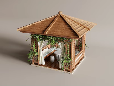 Cozy Wooden Gazebo With Brown Roof Green Vines White Curtains And Interior Furniture 3d model