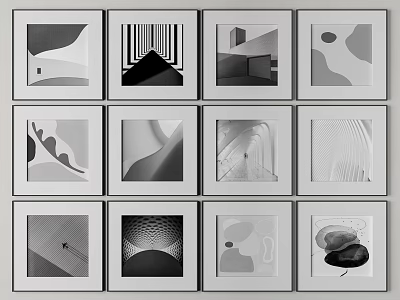 Abstract Black And White Framed Artworks With Geometric Patterns And Shapes 3d model