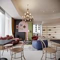 Modern Living Room Interior With Large Windows City View Chandelier Colorful Sofas And Area Rugs