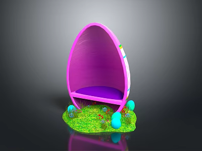 Vibrant Scenic View with Purple Egg Shaped Chair and Colorful Easter Eggs on Green Grass 3d model